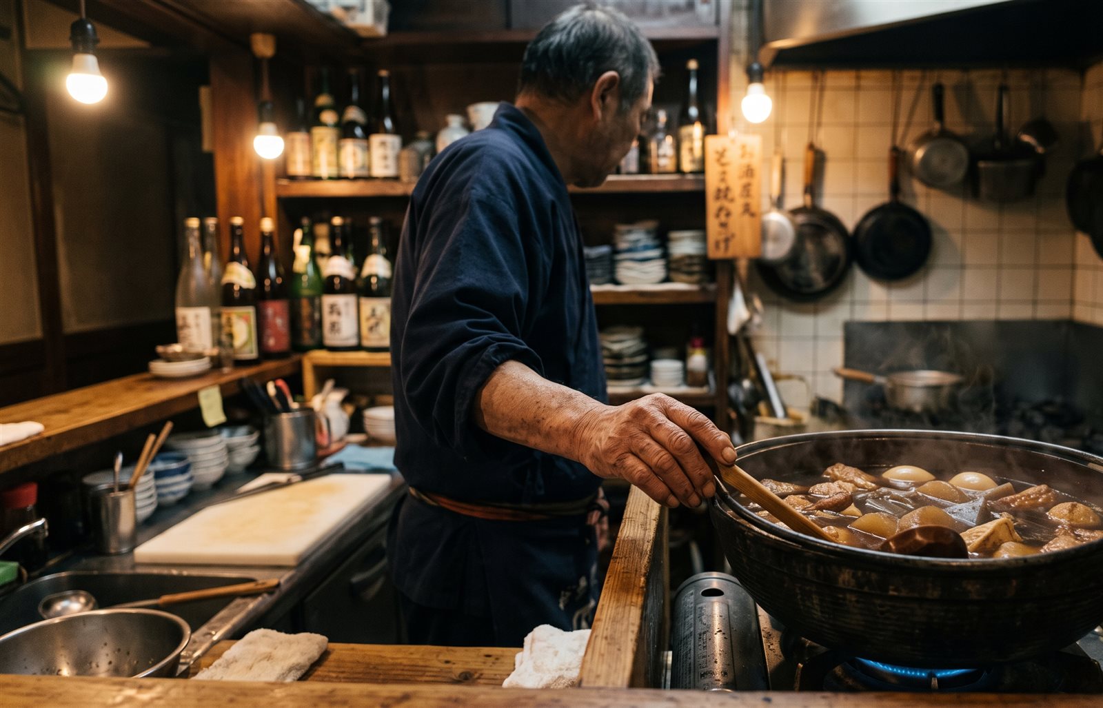 閉店後の厨房で、大鍋に残った煮込みを見つめる店主