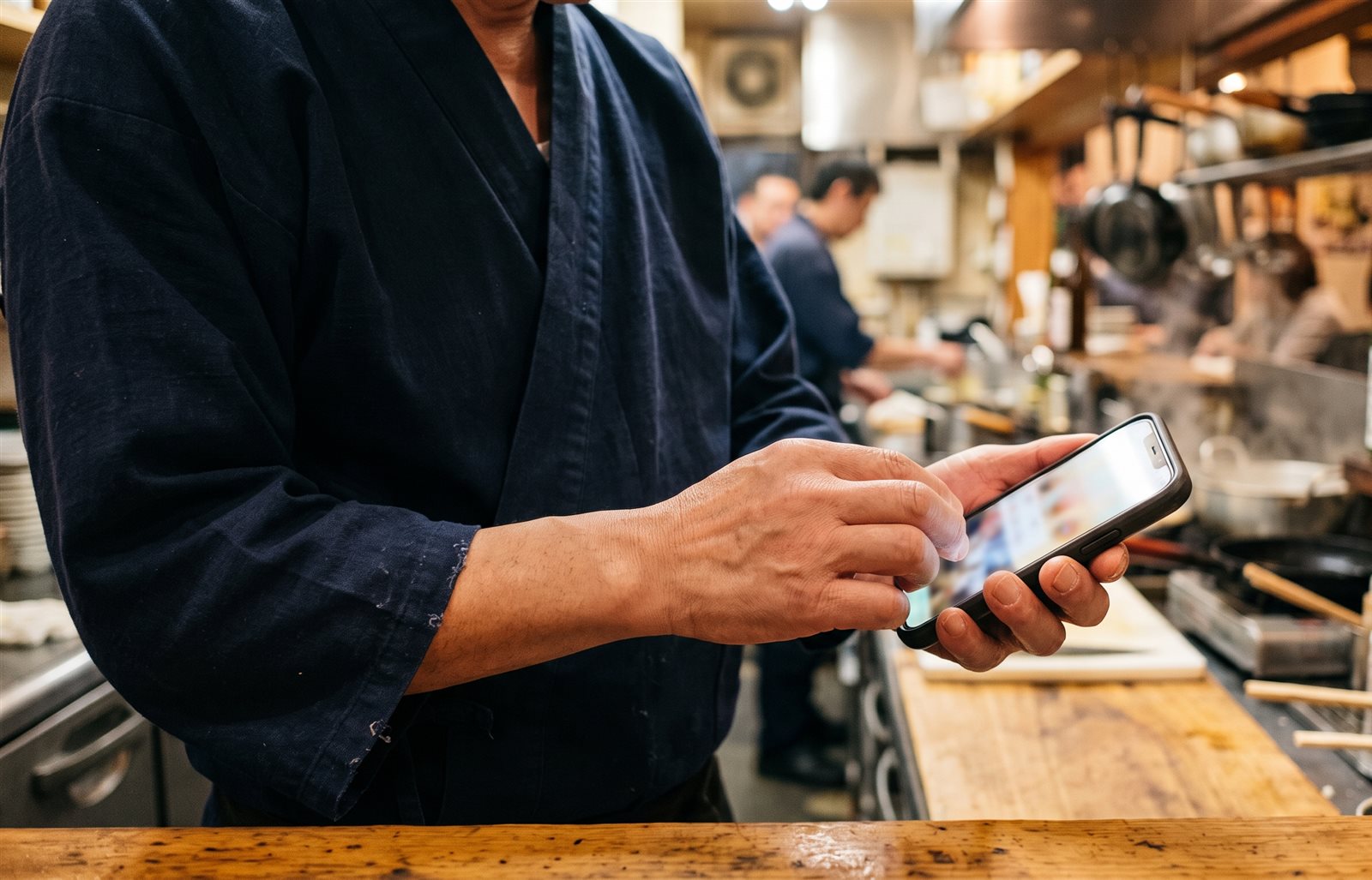 厨房でスマートフォンのLINEを確認する手元